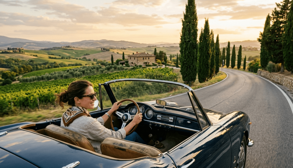 A woman driving a vintage convertible along a winding road lined with cypress trees in the Tuscan countryside at sunset.